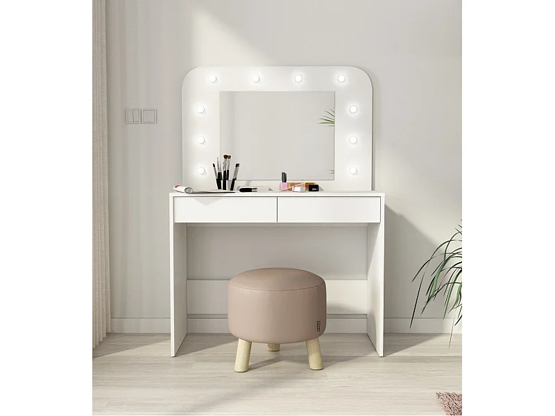 Tocador de maquillaje de 142x100x42 con espejo, 10 luces y almacenaje en blanco Holly