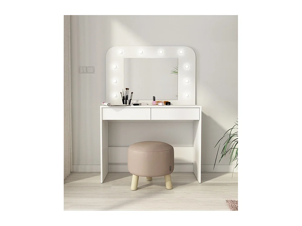 Tocador de maquillaje de 142x100x42 con espejo, 10 luces y almacenaje en blanco Holly