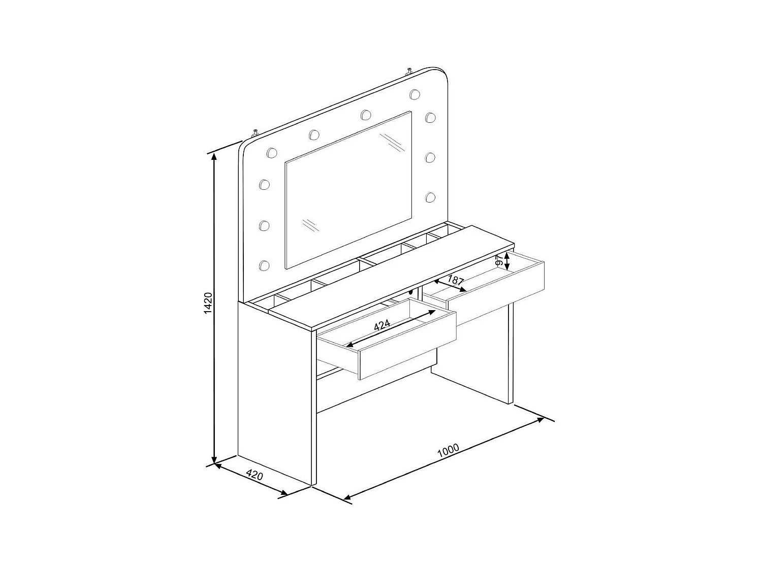 Tocador de maquillaje de 142x100x42 con espejo, 10 luces y almacenaje en blanco Holly