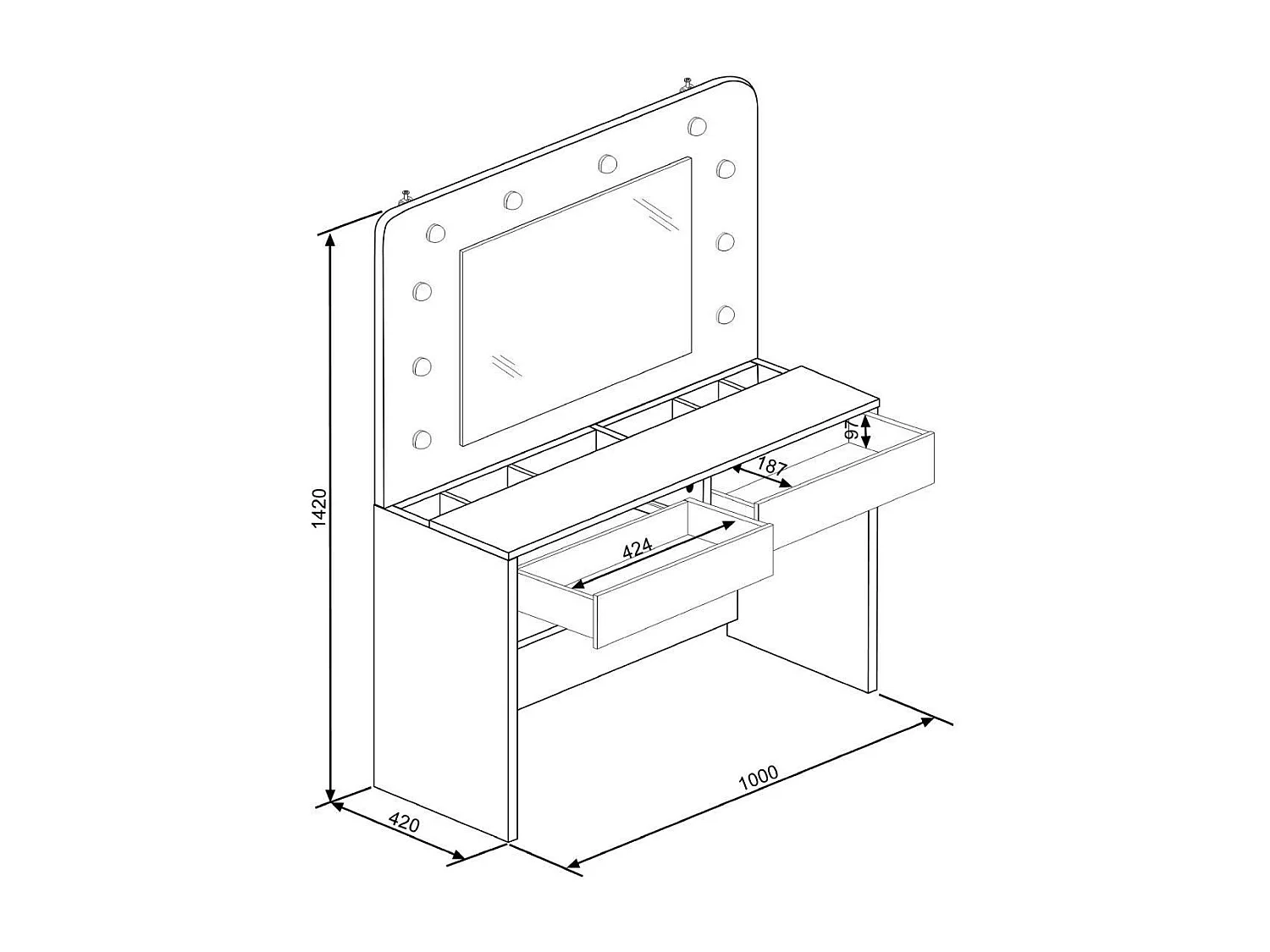 Tocador de maquillaje de 142x100x42 con espejo, 10 luces y almacenaje en blanco Holly