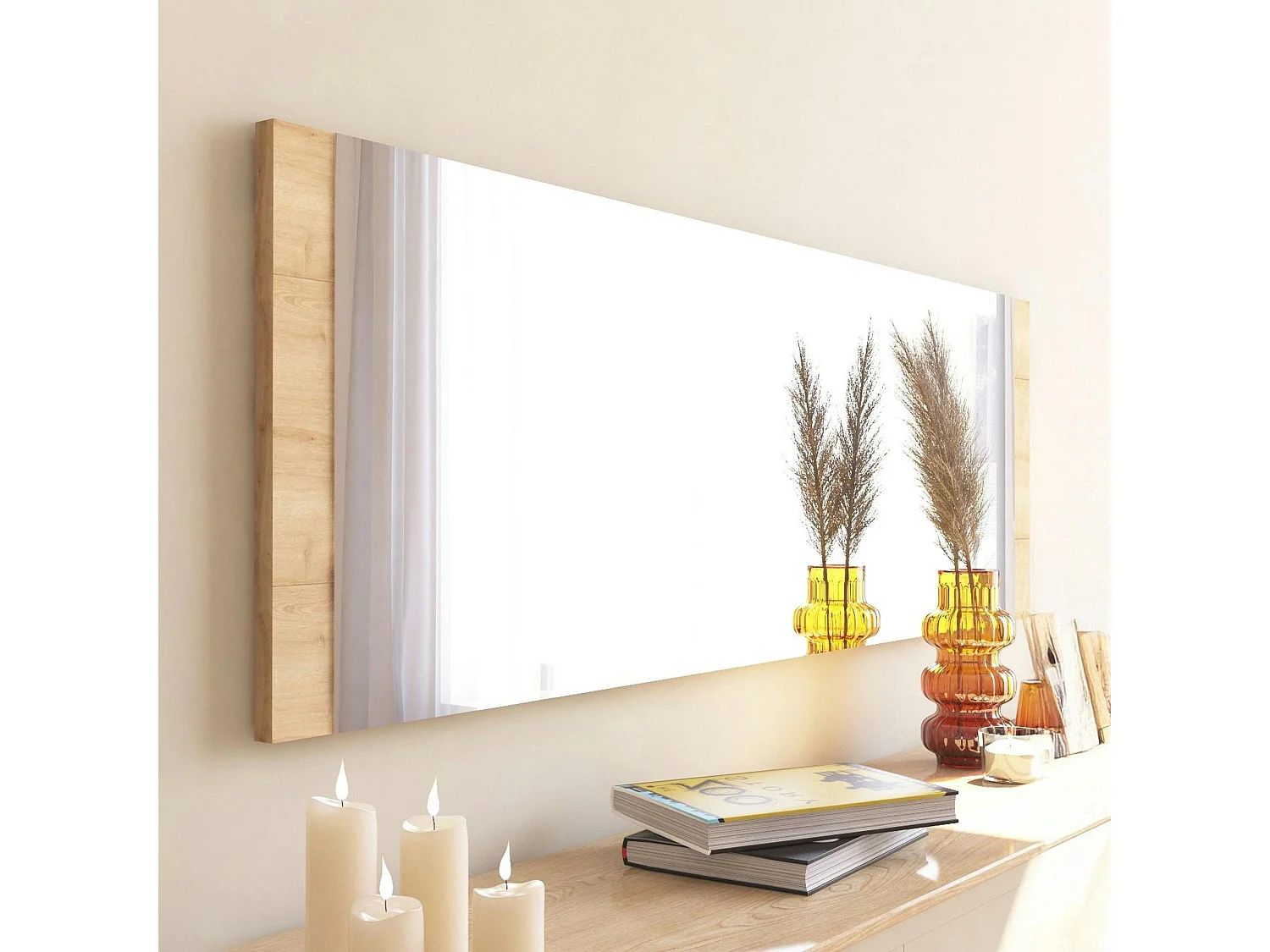 Miroir rectangulaire effet bois clair 120 cm - à poser ou suspendre CODY