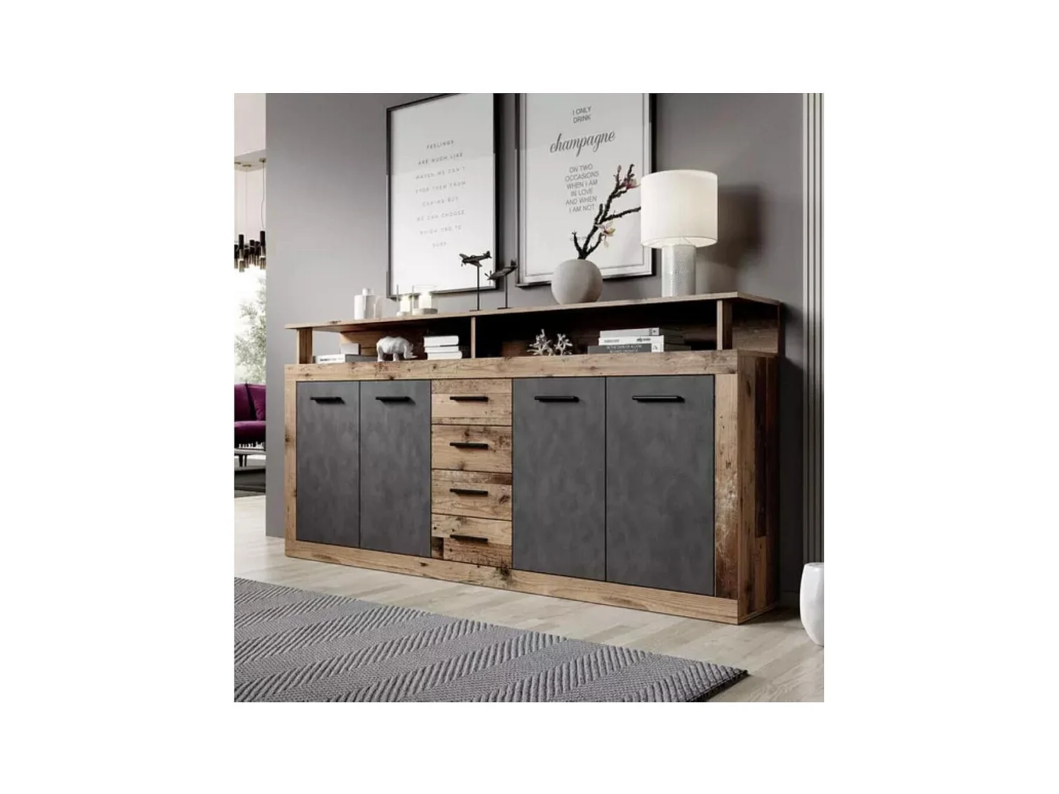 Aparador de salón-comedor de 95,4x190,31x9 cm con 4 puertas en color marrón y gris Luana