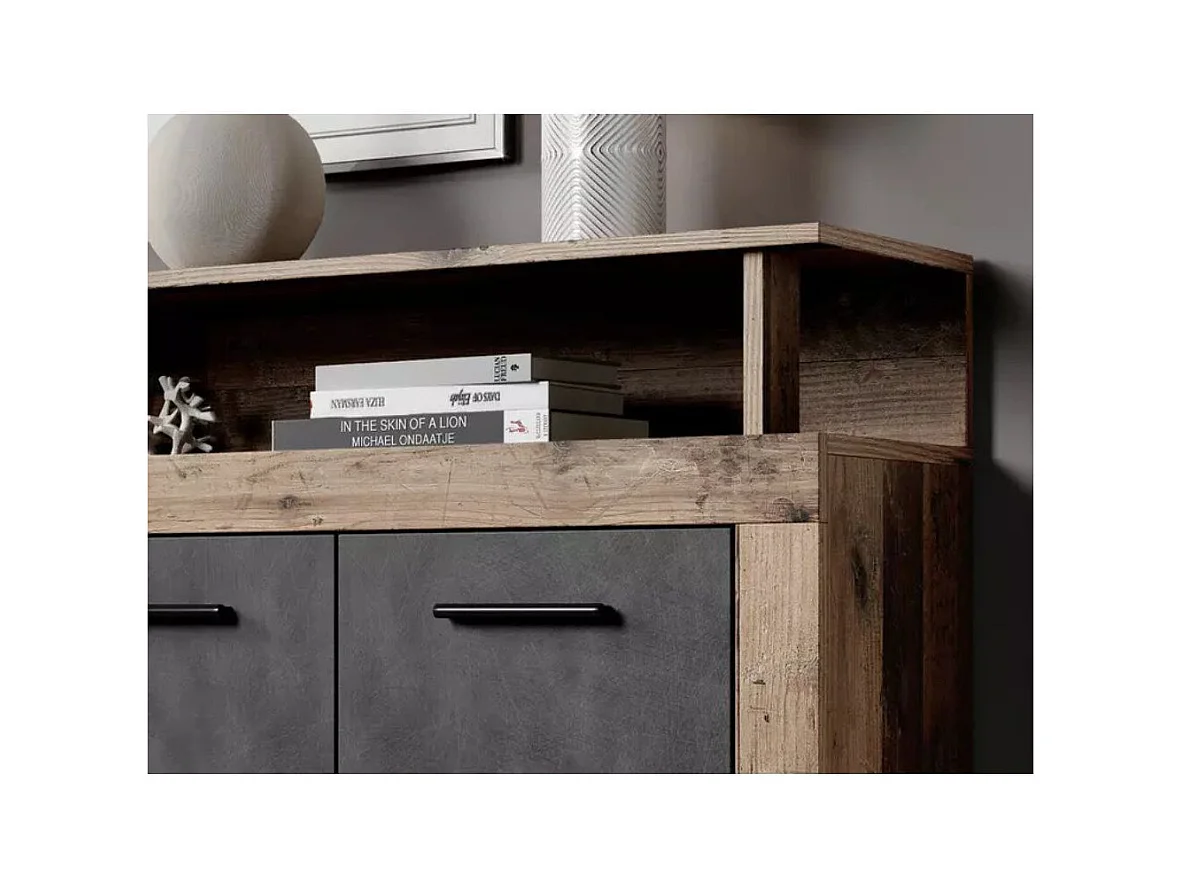 Aparador de salón-comedor de 95,4x190,31x9 cm con 4 puertas en color marrón y gris Luana