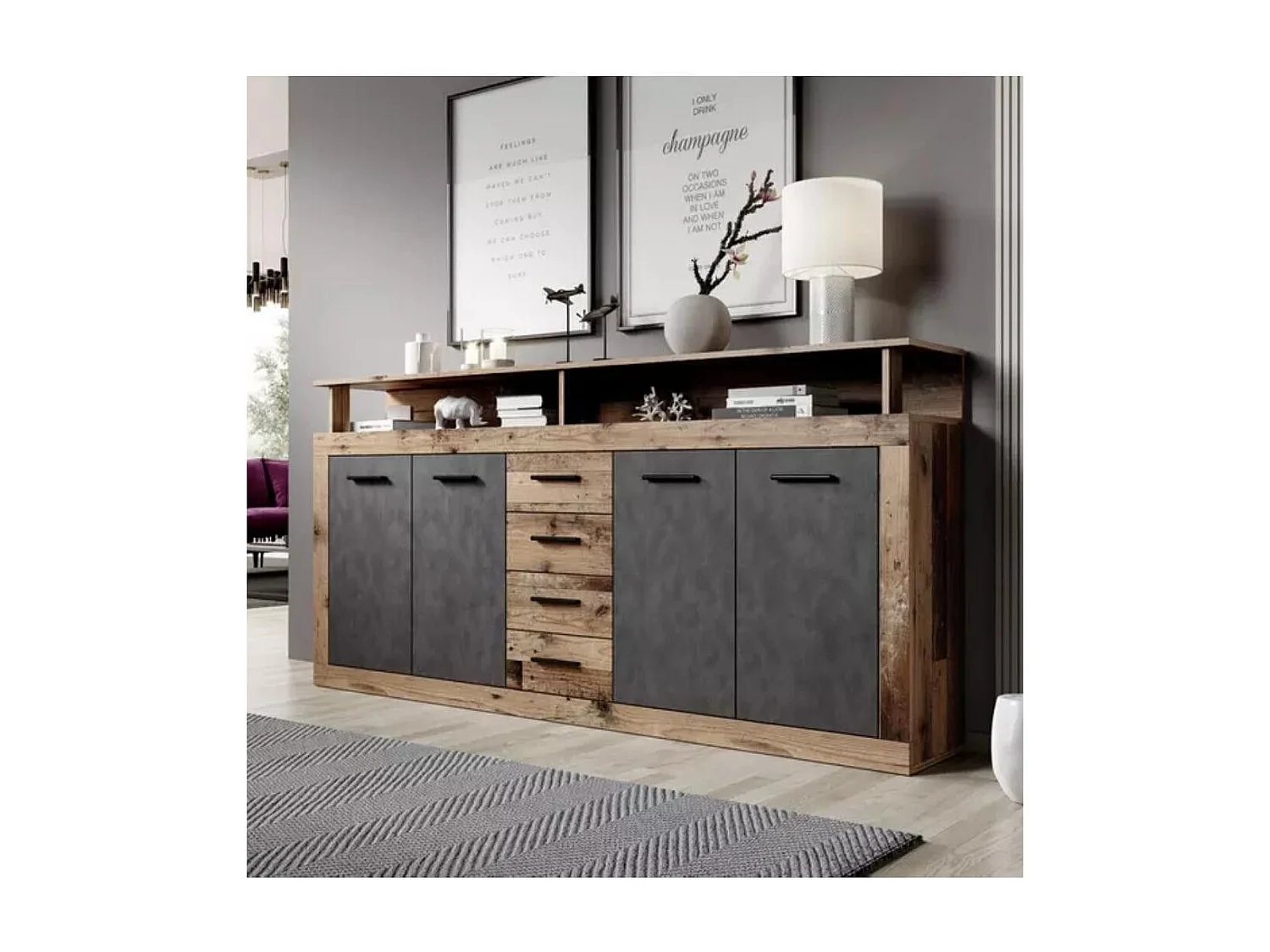 Aparador de salón-comedor de 95,4x190,31x9 cm con 4 puertas en color marrón y gris Luana