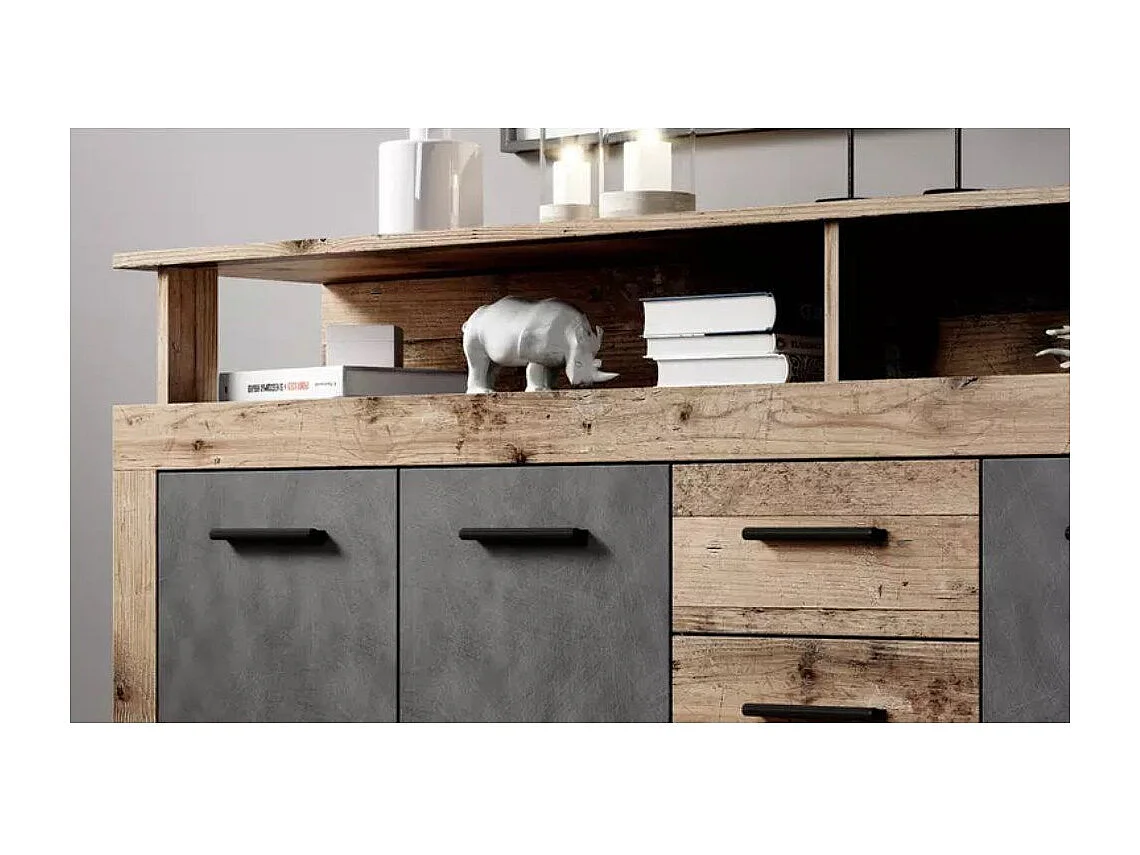 Aparador de salón-comedor de 95,4x190,31x9 cm con 4 puertas en color marrón y gris Luana