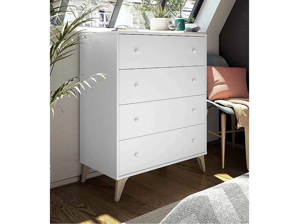 Cómoda de 4 cajones de 95x77,5x40 cm de aglomerado de alta densidad en color blanco Candy