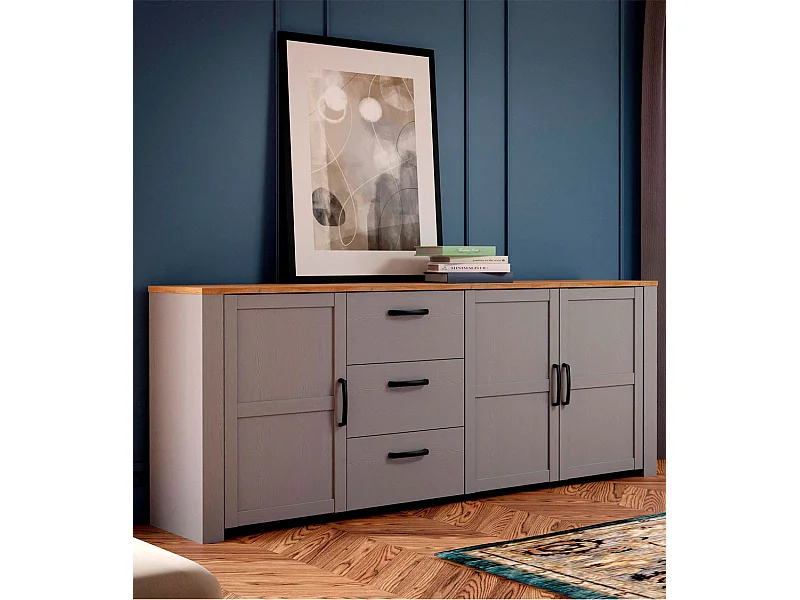 Aparador de salón-comedor de 87x220,8x42 cm con 3 puertas y 3 cajones en color gris Odin