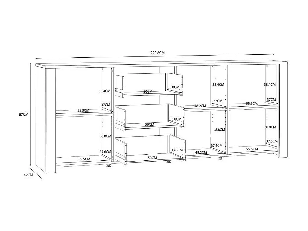 Aparador de salón-comedor de 87x220,8x42 cm con 3 puertas y 3 cajones en color gris Odin