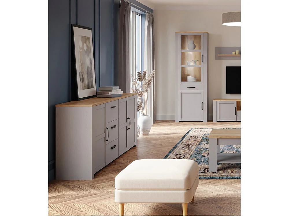 Aparador de salón-comedor de 87x220,8x42 cm con 3 puertas y 3 cajones en color gris Odin