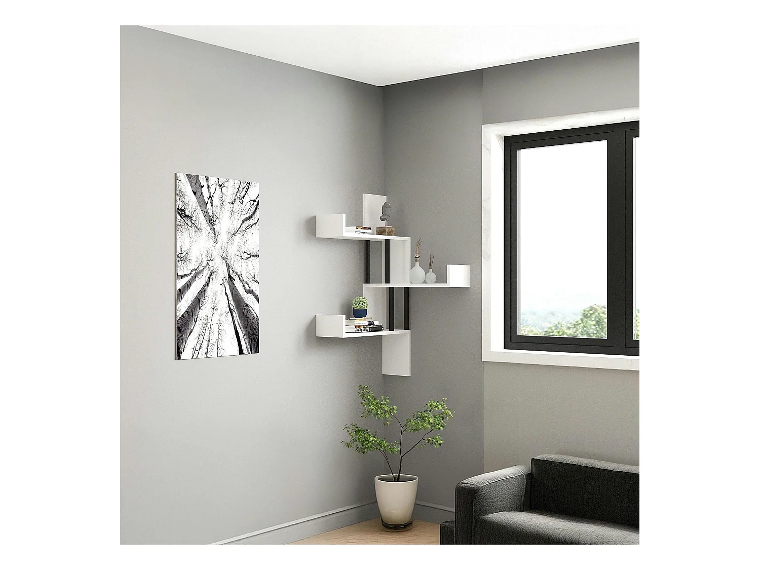 Étagère murale d’angle blanche - design, 3 plateaux JENA