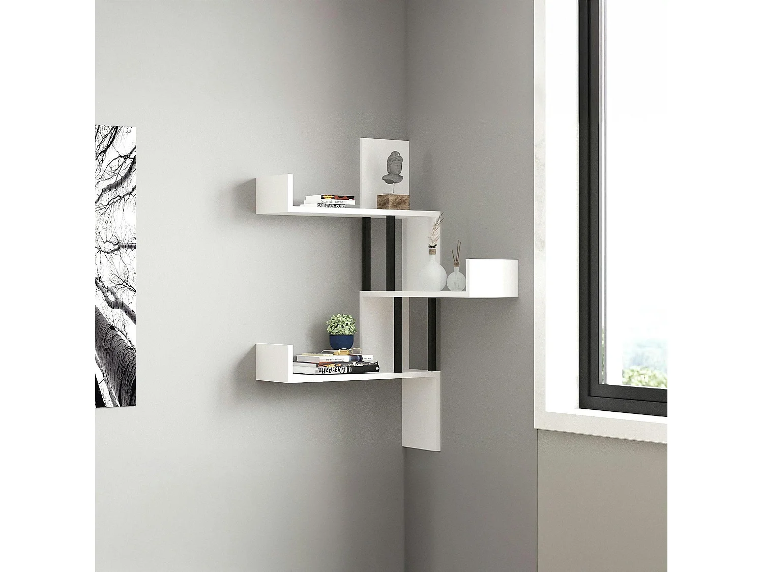 Étagère murale d’angle blanche - design, 3 plateaux JENA
