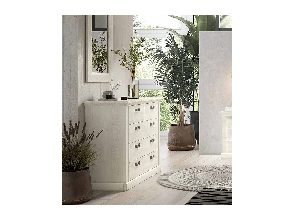 Cómoda de dormitorio de 5 cajones de 89,9x119,5x44,9 cm con acabado en madera blanca Karen