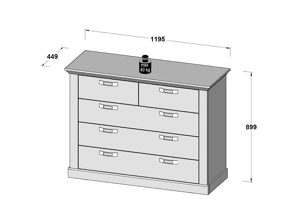 Cómoda de dormitorio de 5 cajones de 89,9x119,5x44,9 cm con acabado en madera blanca Karen