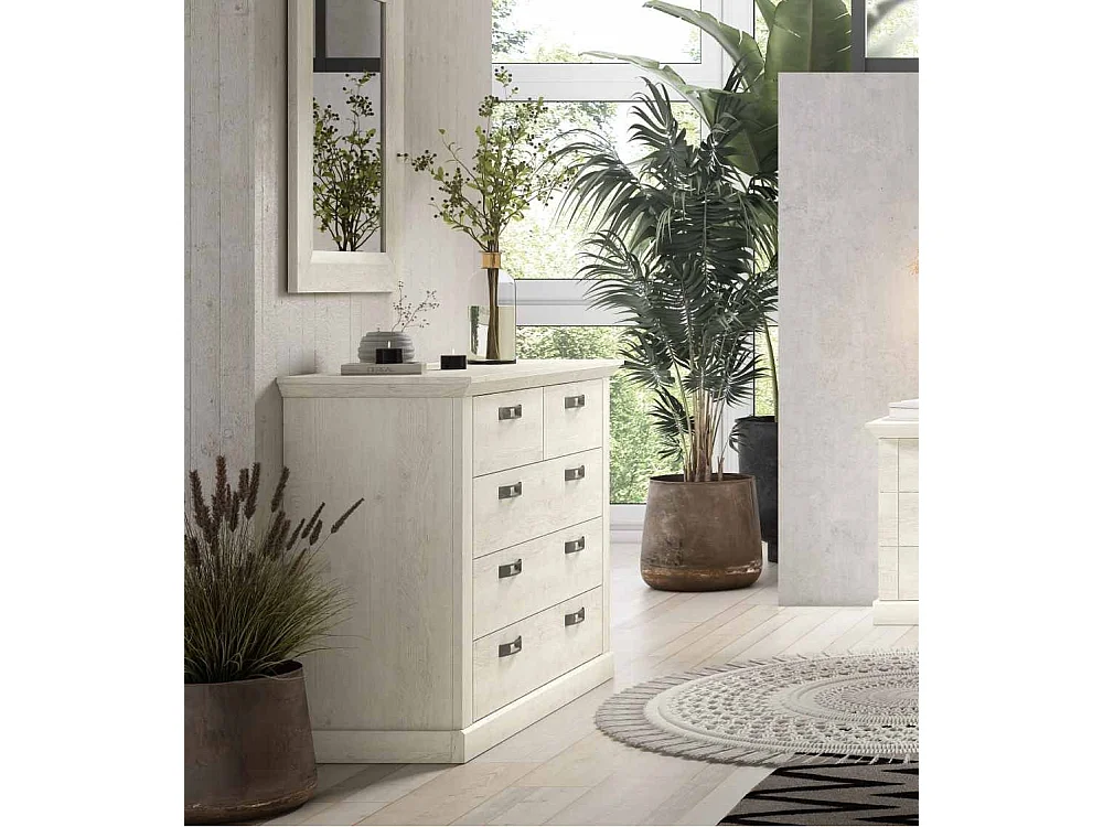 Cómoda de dormitorio de 5 cajones de 89,9x119,5x44,9 cm con acabado en madera blanca Karen