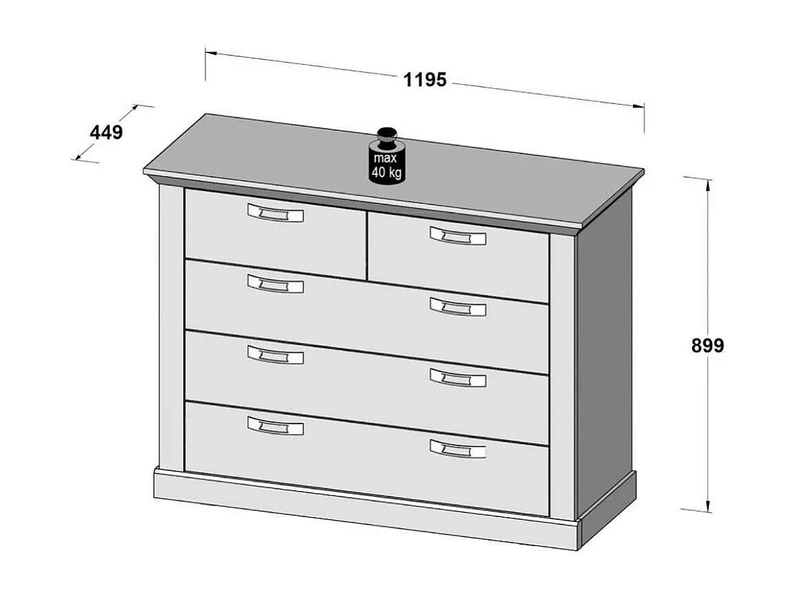 Cómoda de dormitorio de 5 cajones de 89,9x119,5x44,9 cm con acabado en madera blanca Karen