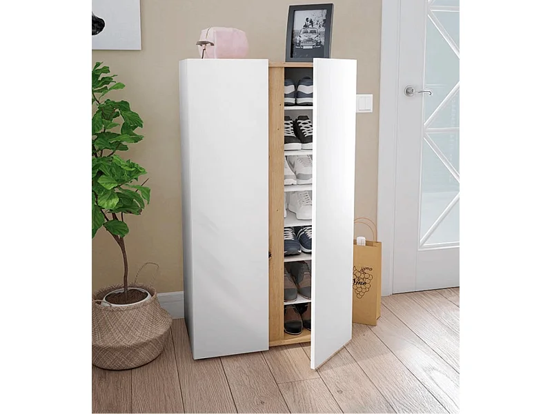 Zapatero con 2 puertas y 6 estantes regulables de 102x57x35 cm en blanco y beige Ébano