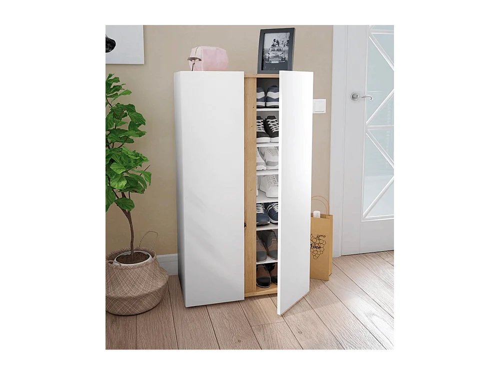 Zapatero con 2 puertas y 6 estantes regulables de 102x57x35 cm en blanco y beige Ébano