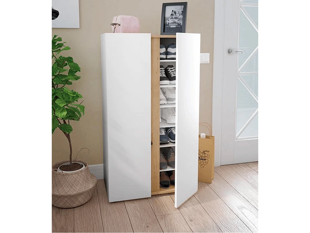 Zapatero con 2 puertas y 6 estantes regulables de 102x57x35 cm en blanco y beige Ébano
