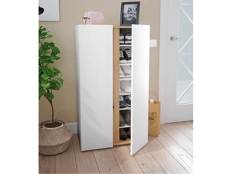Zapatero con 2 puertas y 6 estantes regulables de 102x57x35 cm en blanco y beige Ébano