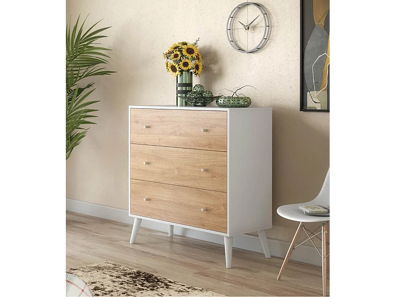 Cómoda de 3 cajones de 106x100x45 cm para dormitorio en color blanco y roble Leah