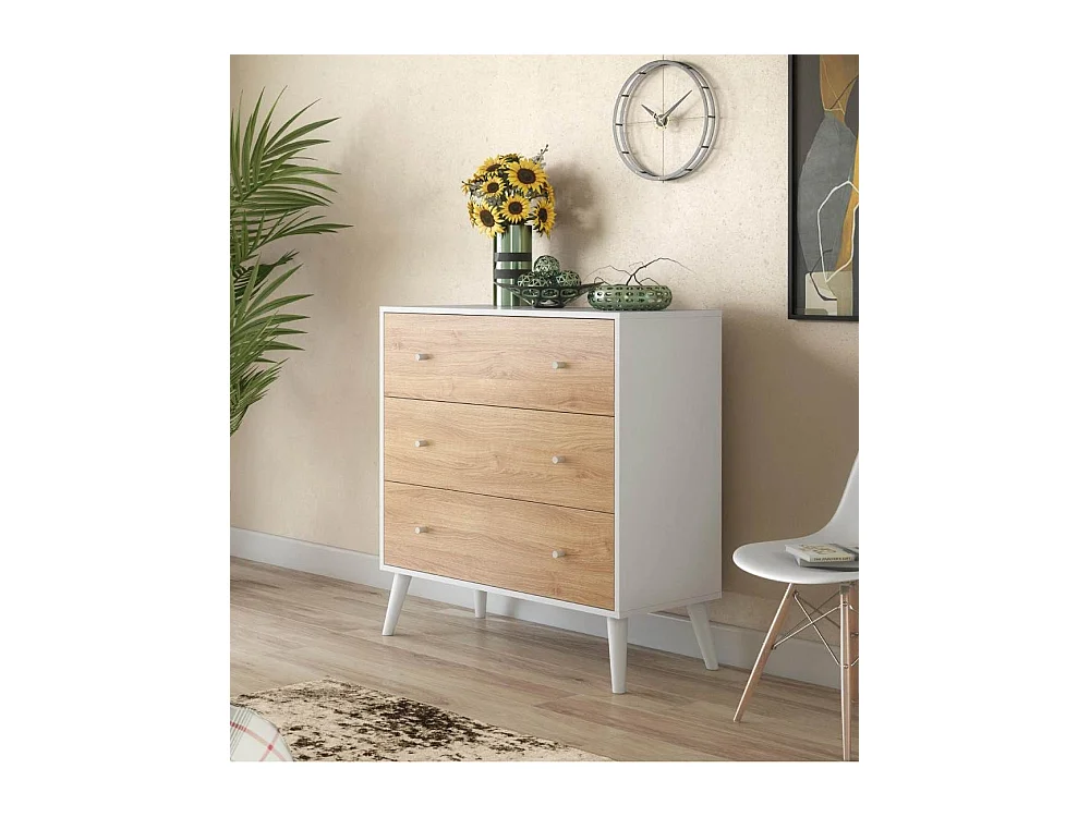 Cómoda de 3 cajones de 106x100x45 cm para dormitorio en color blanco y roble Leah