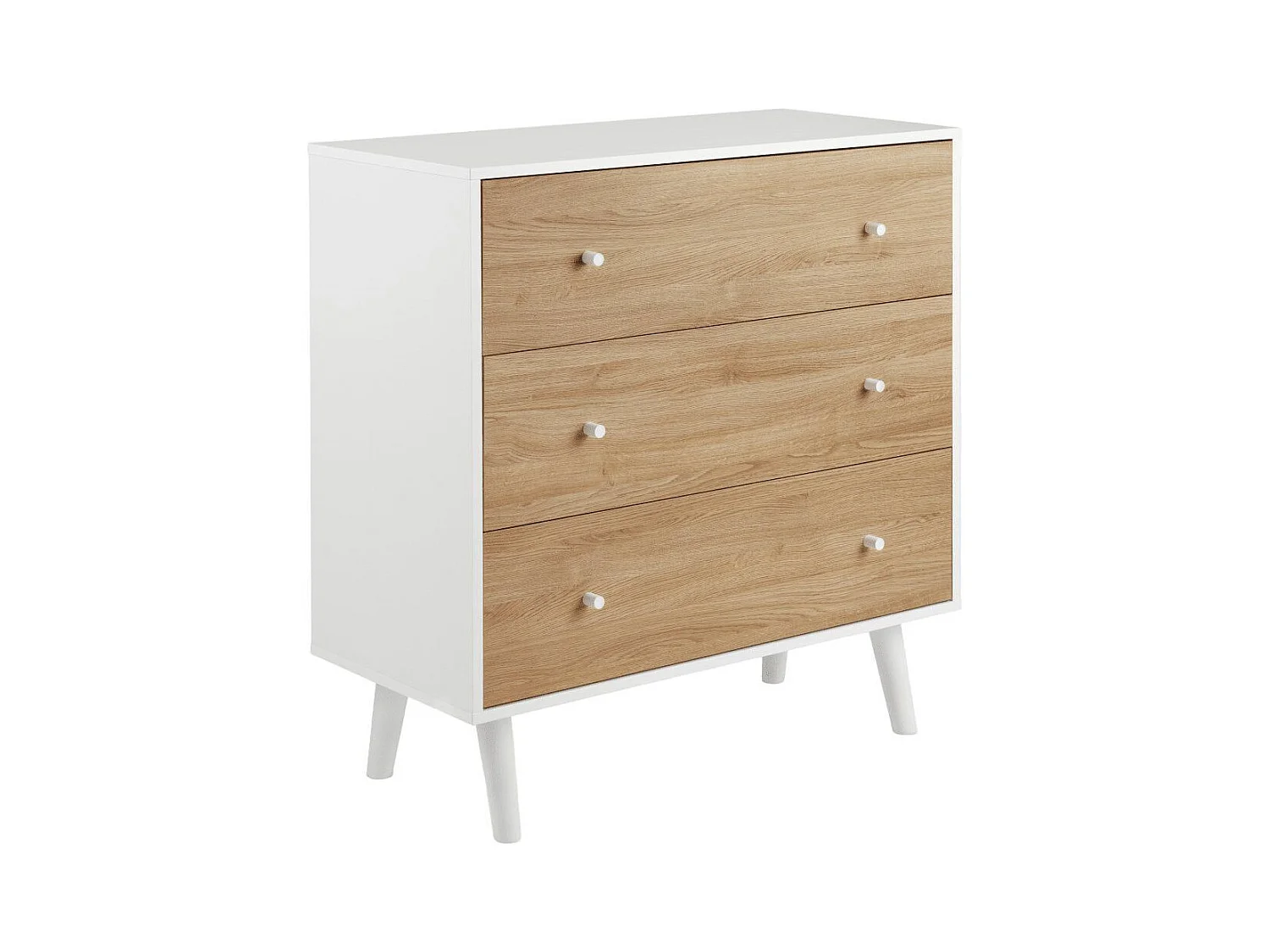 Cómoda de 3 cajones de 106x100x45 cm para dormitorio en color blanco y roble Leah