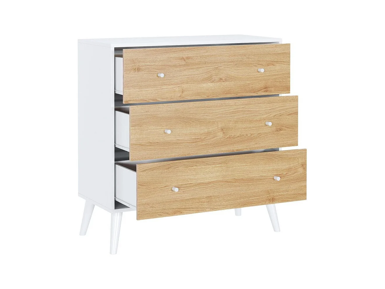 Cómoda de 3 cajones de 106x100x45 cm para dormitorio en color blanco y roble Leah