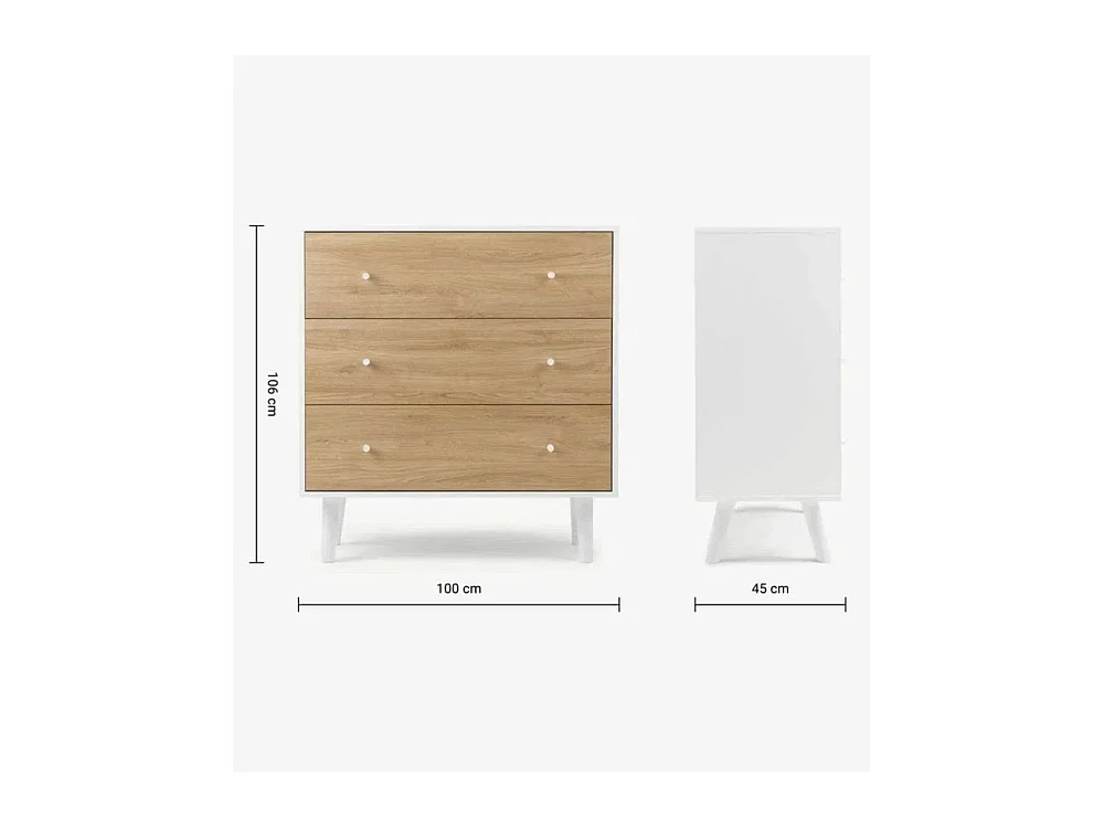 Cómoda de 3 cajones de 106x100x45 cm para dormitorio en color blanco y roble Leah