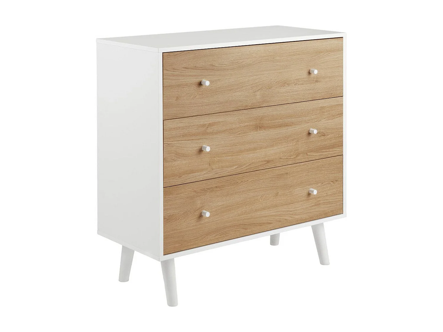 Cómoda de 3 cajones de 106x100x45 cm para dormitorio en color blanco y roble Leah