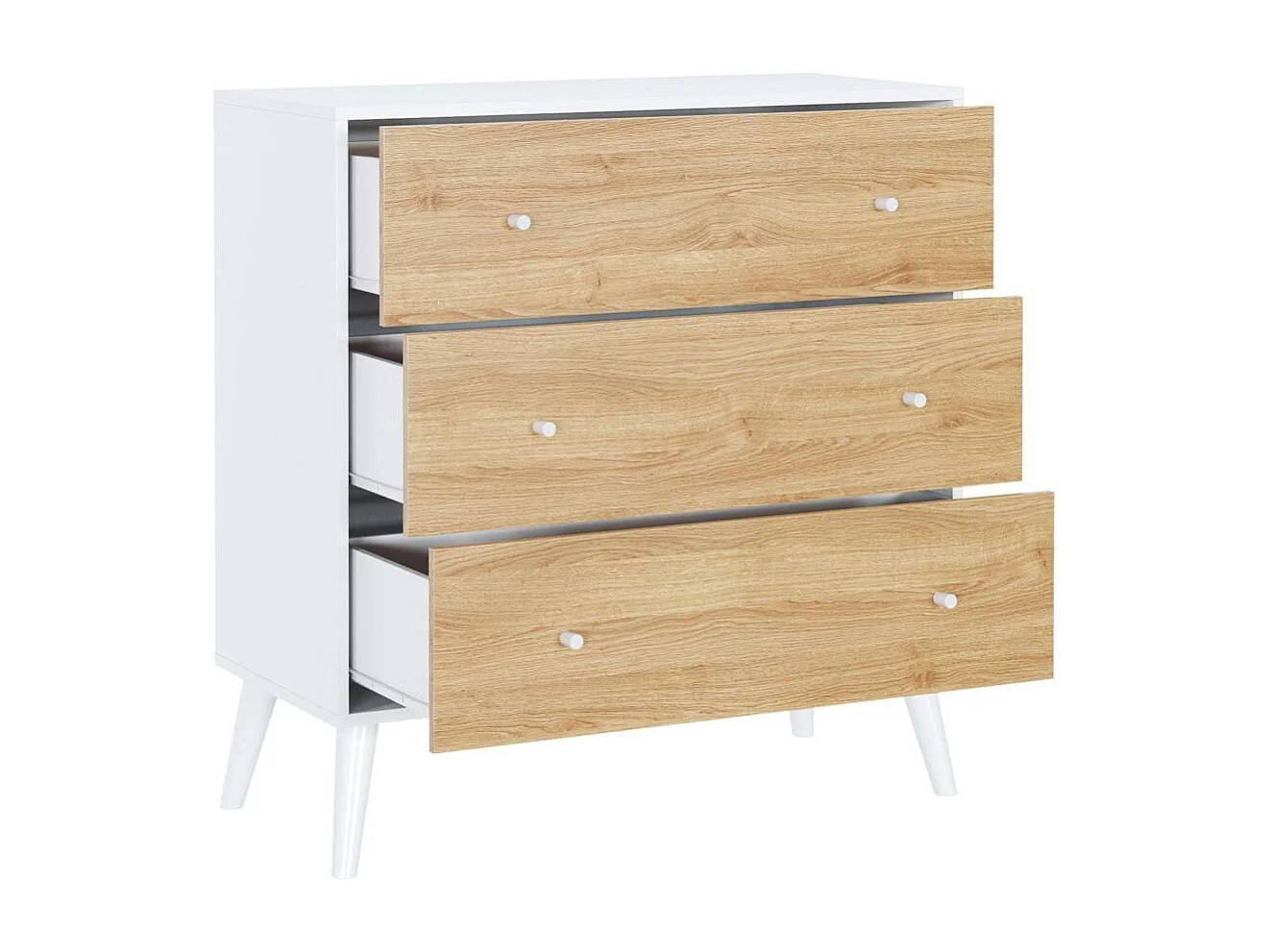 Cómoda de 3 cajones de 106x100x45 cm para dormitorio en color blanco y roble Leah