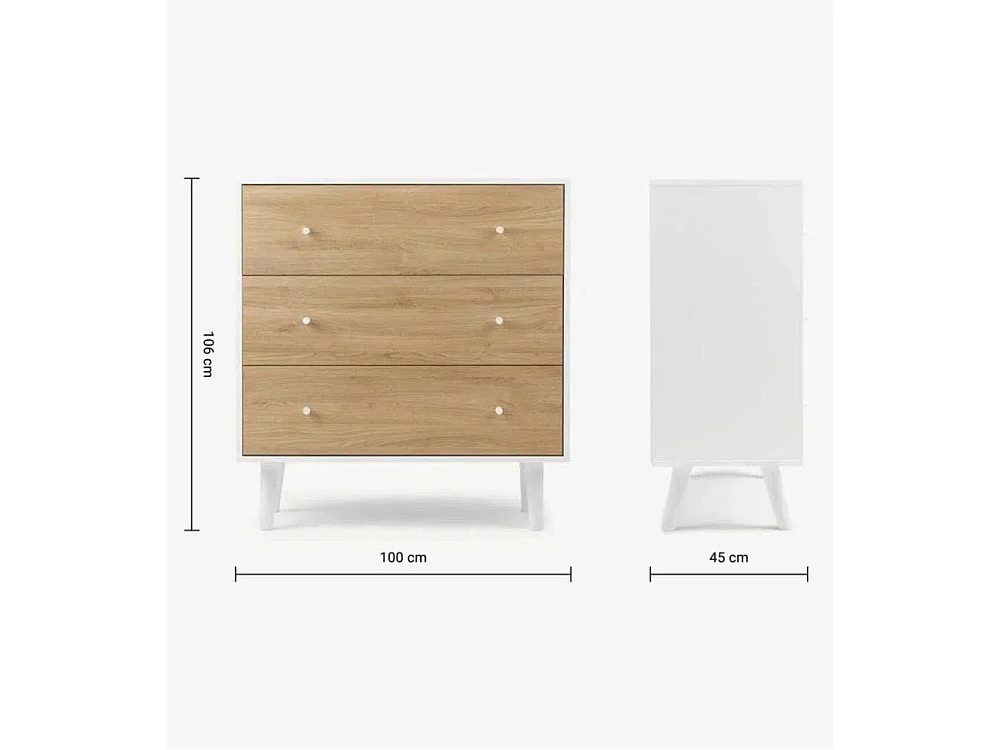 Cómoda de 3 cajones de 106x100x45 cm para dormitorio en color blanco y roble Leah