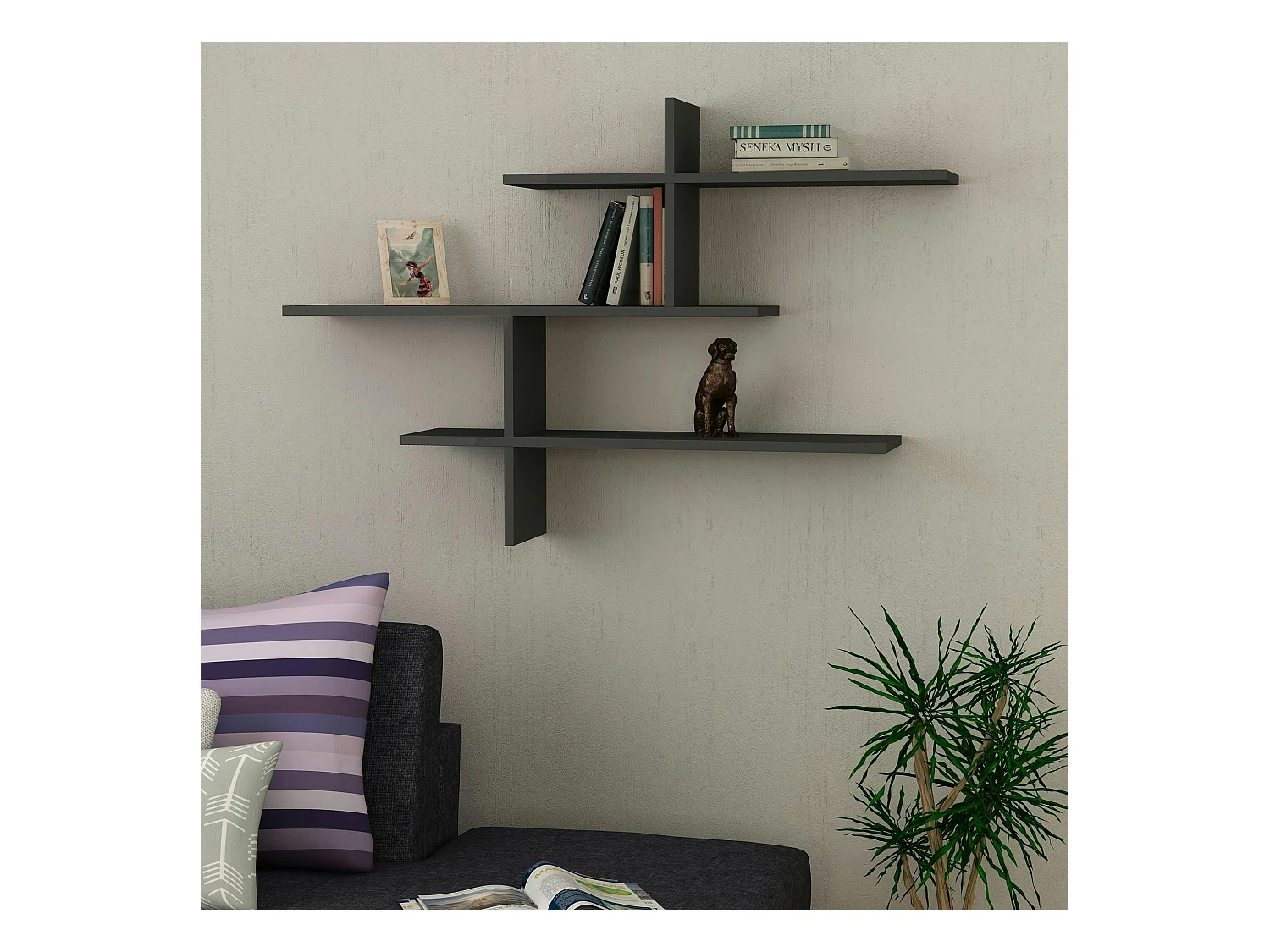 Étagère murale design effet bois gris - 3 plateaux croisés MARFA