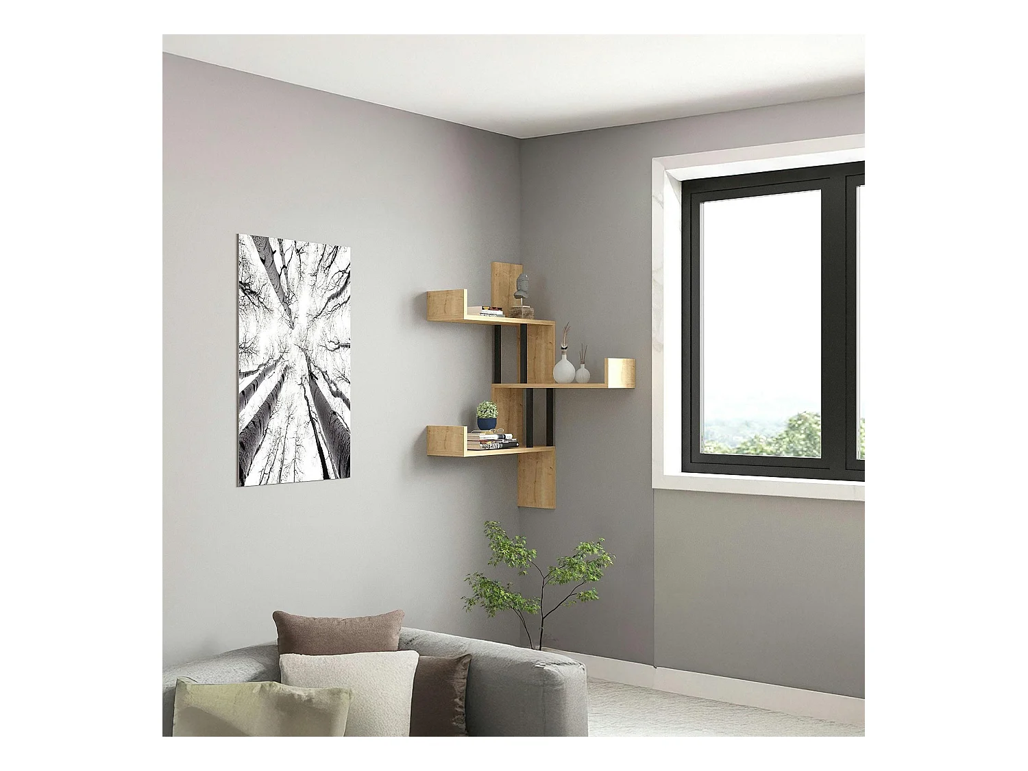 Étagère murale d’angle effet bois clair - 3 plateaux JENA