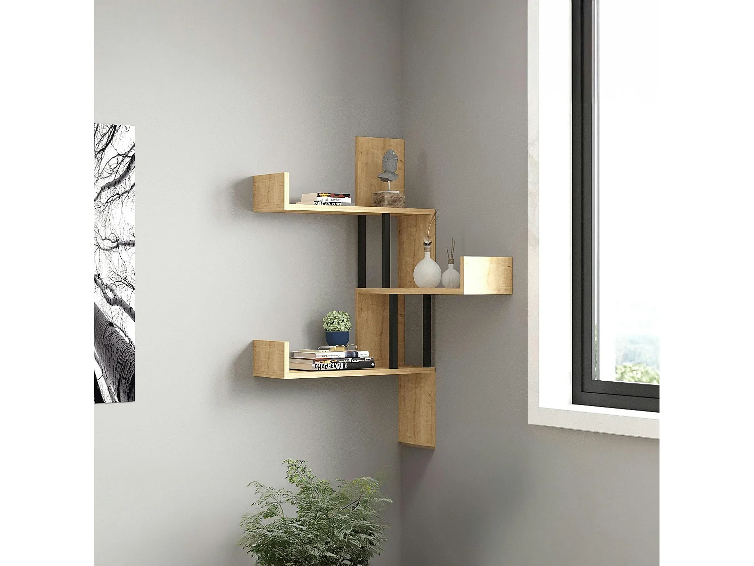 Étagère murale d’angle effet bois clair - 3 plateaux JENA