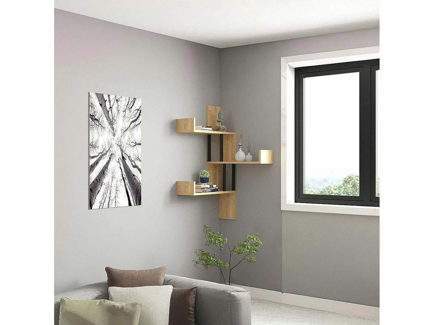 Étagère murale d’angle effet bois clair - 3 plateaux JENA