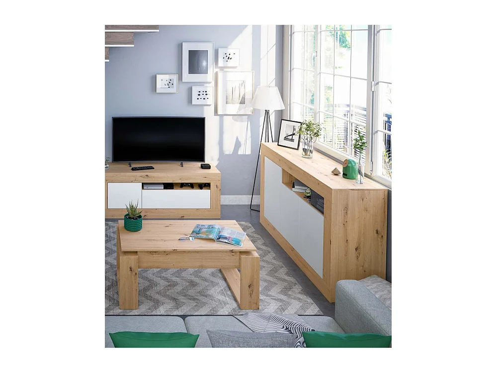 Aparador de salón de 87x144x42 cm con 3 puertas batientes en color blanco y beige Kento