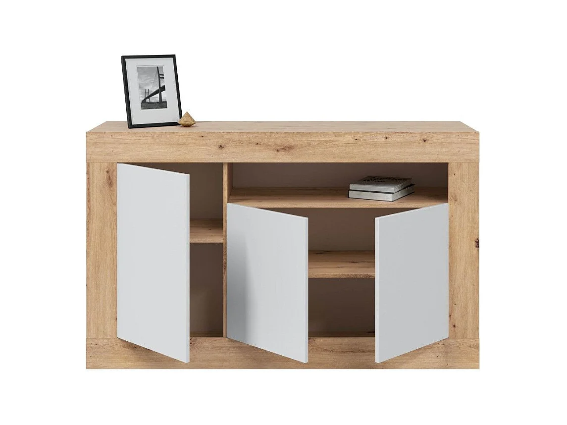 Aparador de salón de 87x144x42 cm con 3 puertas batientes en color blanco y beige Kento