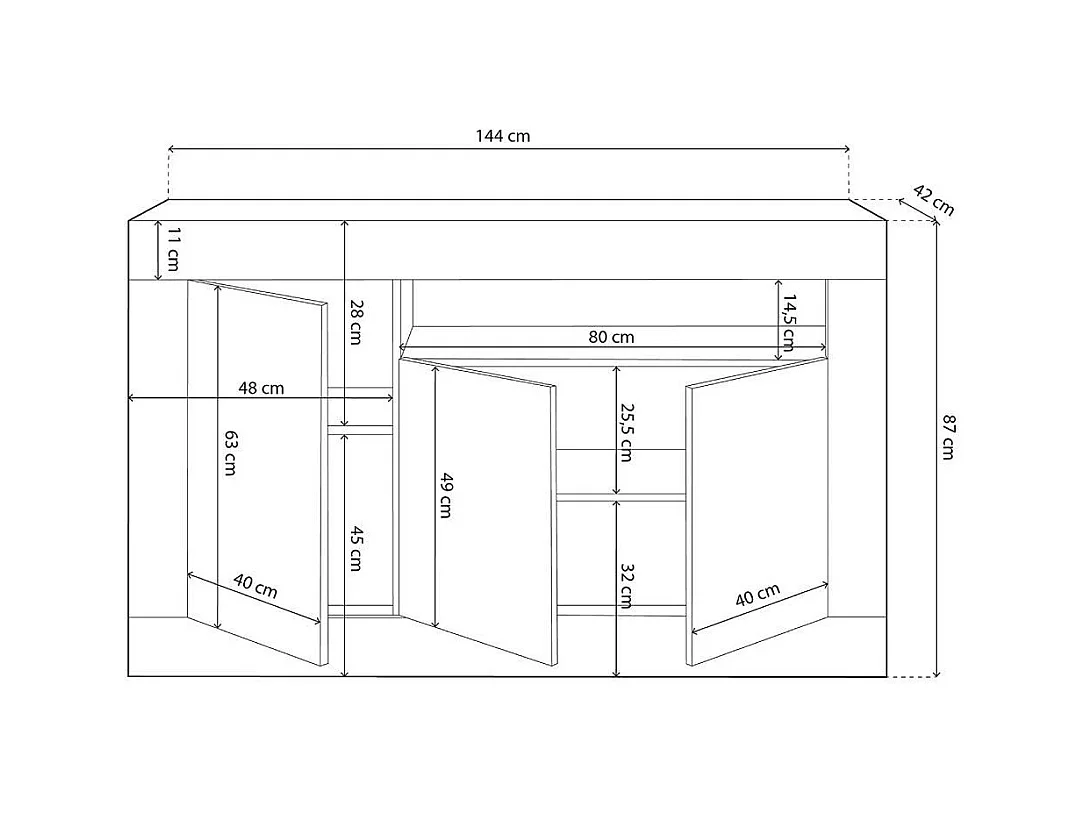 Aparador de salón de 87x144x42 cm con 3 puertas batientes en color blanco y beige Kento