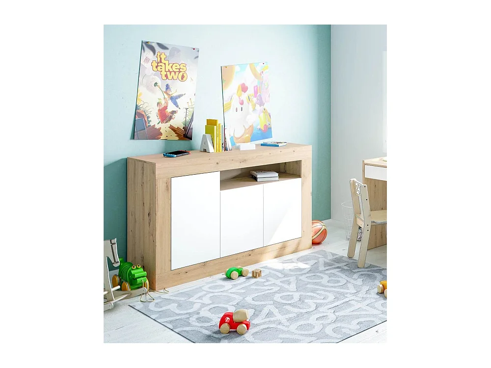 Aparador de salón de 87x144x42 cm con 3 puertas batientes en color blanco y beige Kento