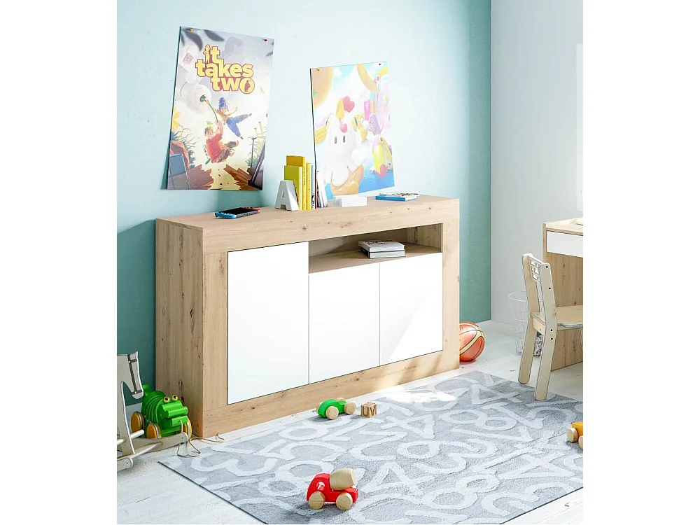 Aparador de salón de 87x144x42 cm con 3 puertas batientes en color blanco y beige Kento