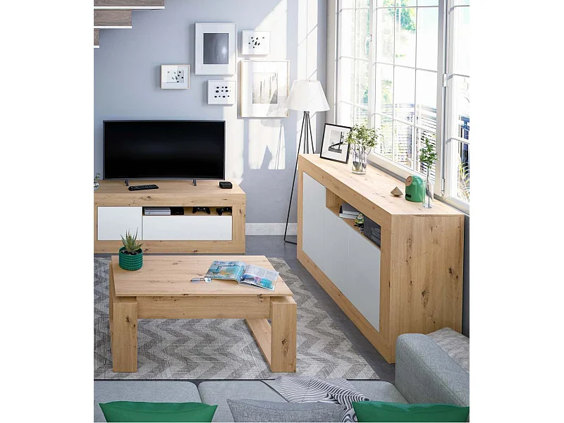 Aparador de salón de 87x144x42 cm con 3 puertas batientes en color blanco y beige Kento