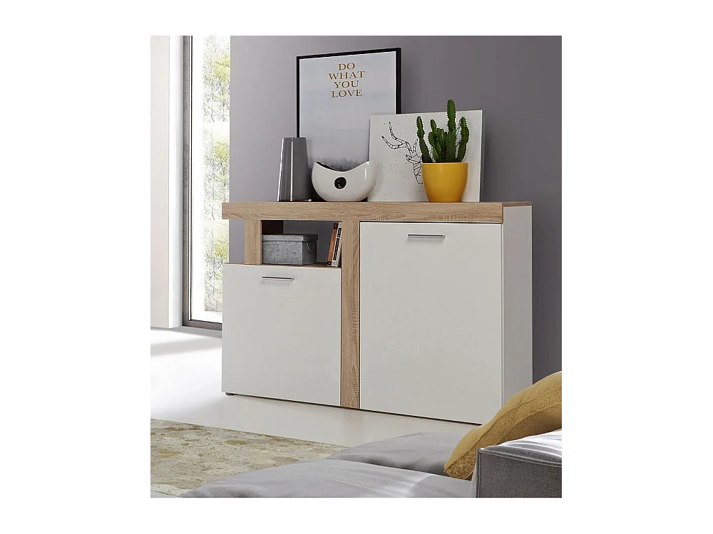 Aparador de salón de 91,5x128,4x33,8 cm con guías metálicas en color blanco y beige Jelani