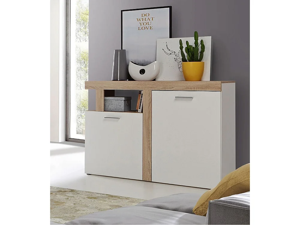 Aparador de salón de 91,5x128,4x33,8 cm con guías metálicas en color blanco y beige Jelani