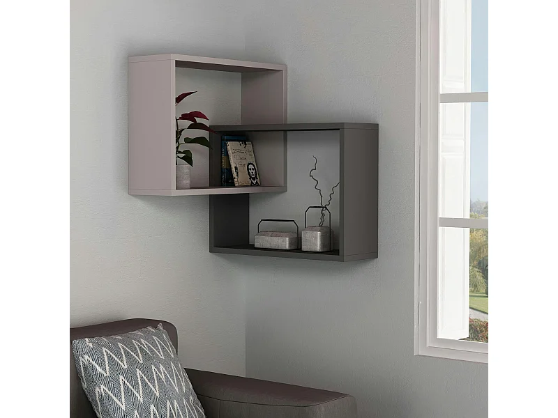 Étagère d'angle design moka & gris - 2 cubes imbriqués MARFA