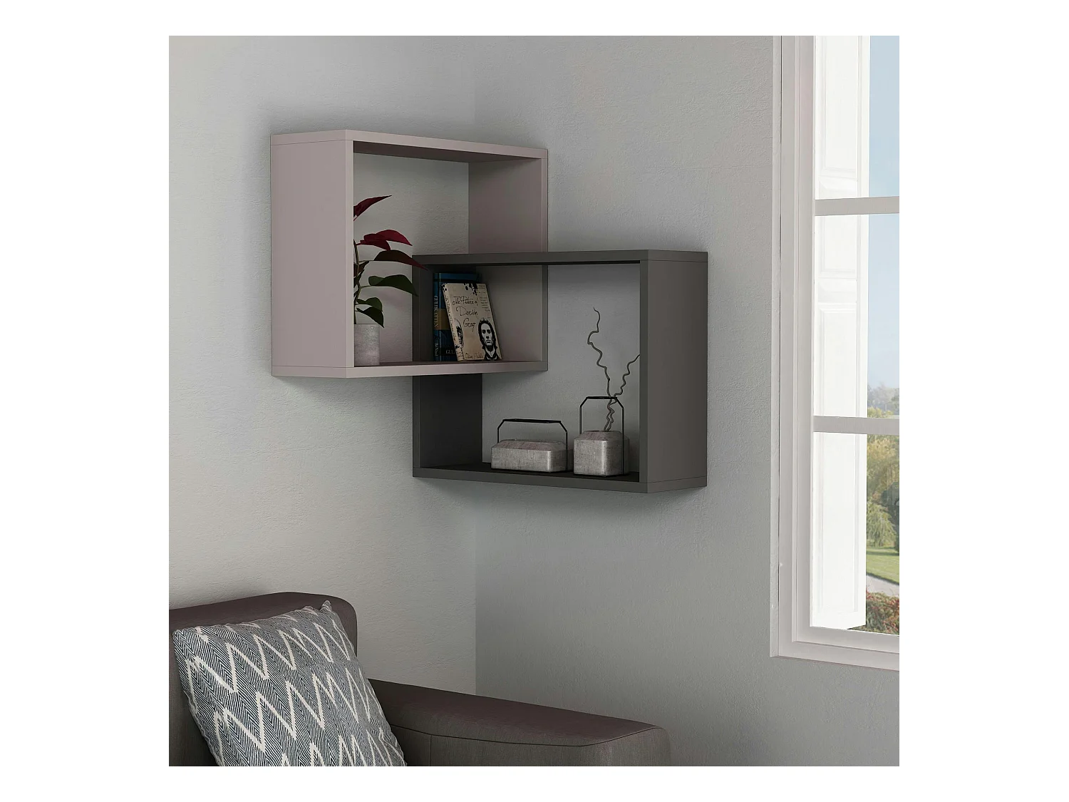 Étagère d'angle design moka & gris - 2 cubes imbriqués MARFA