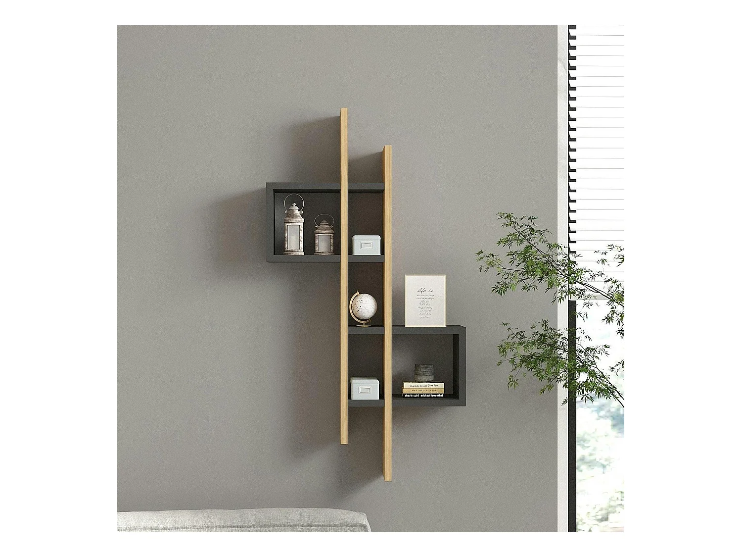 Etagère murale design bicolore, effet chêne et gris MARFA
