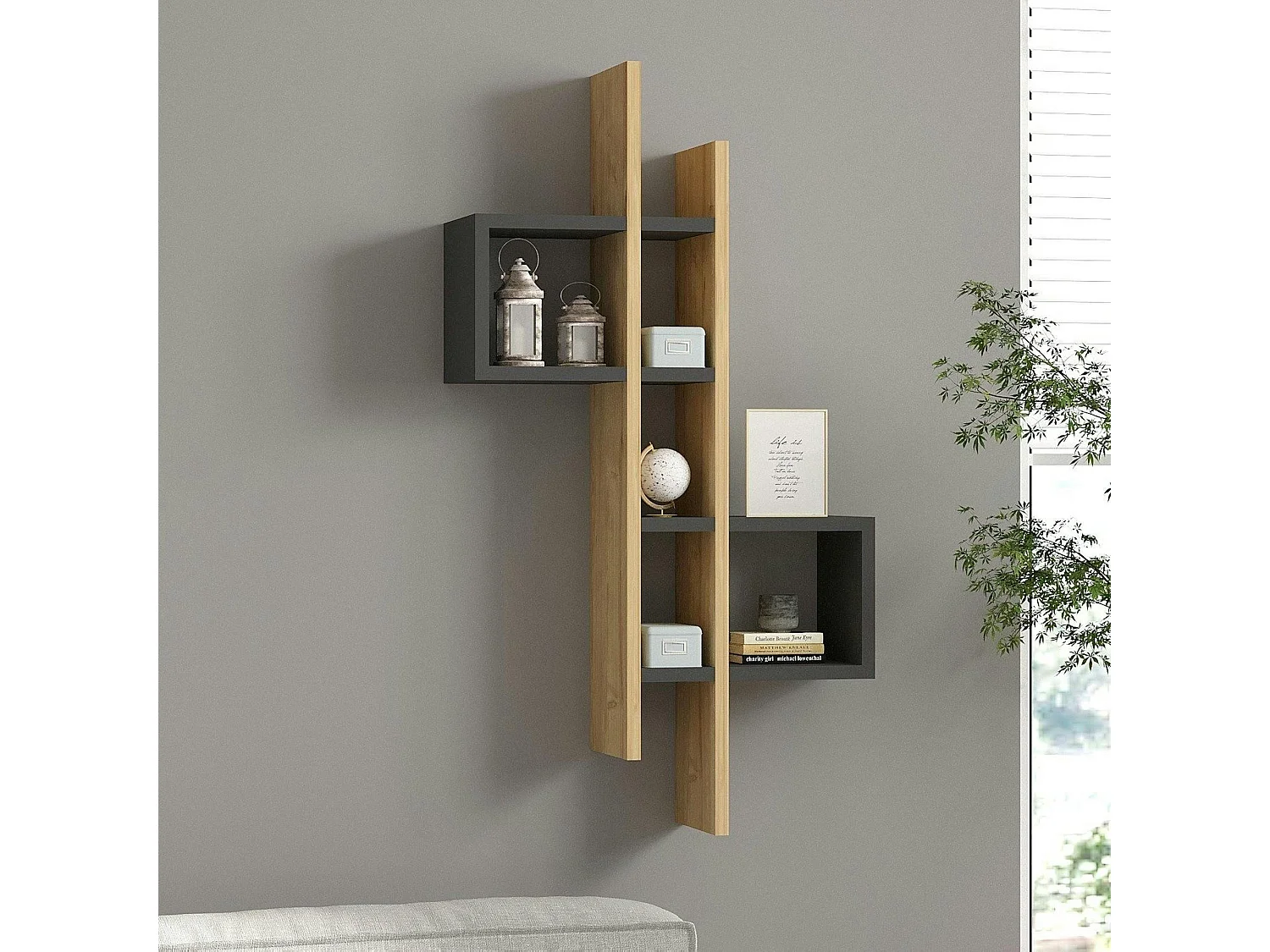 Etagère murale design bicolore, effet chêne et gris MARFA