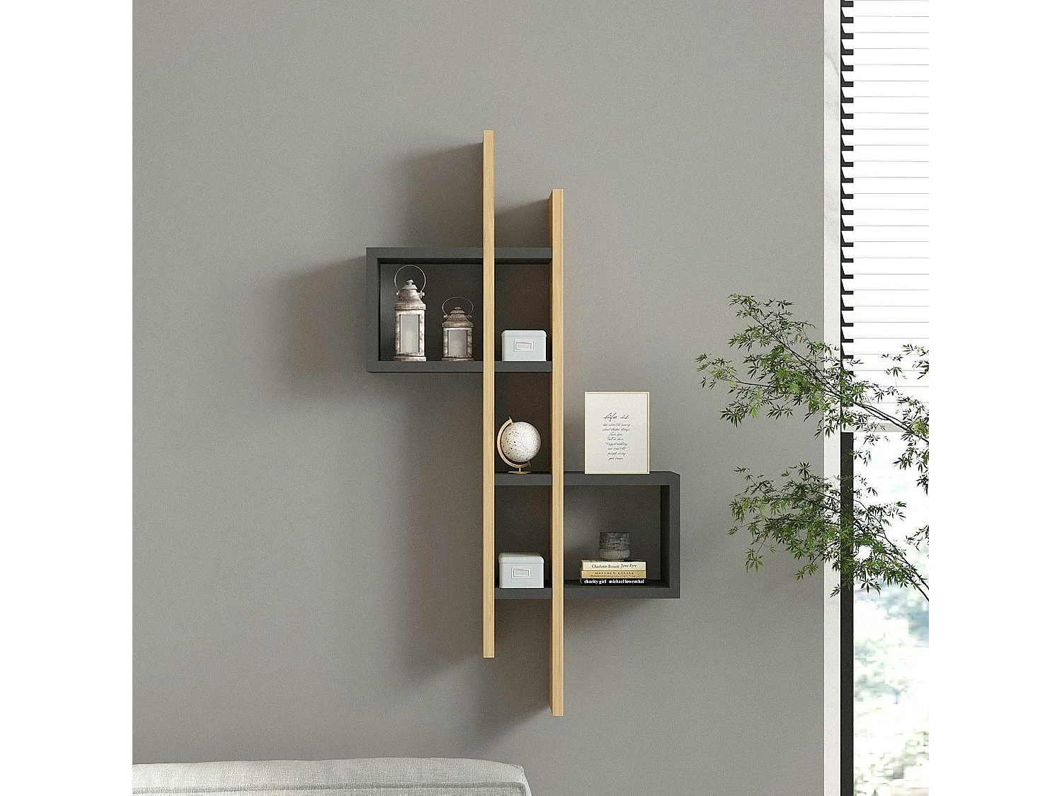 Etagère murale design bicolore, effet chêne et gris MARFA