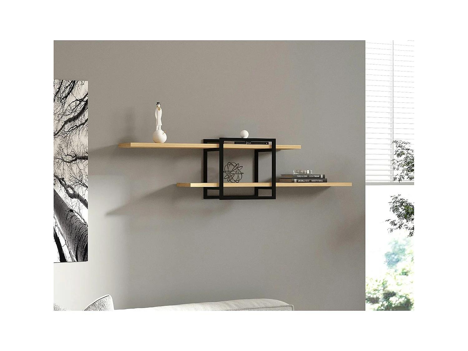 Étagère murale design effet bois clair - 1 cube, 2 plateaux JENA