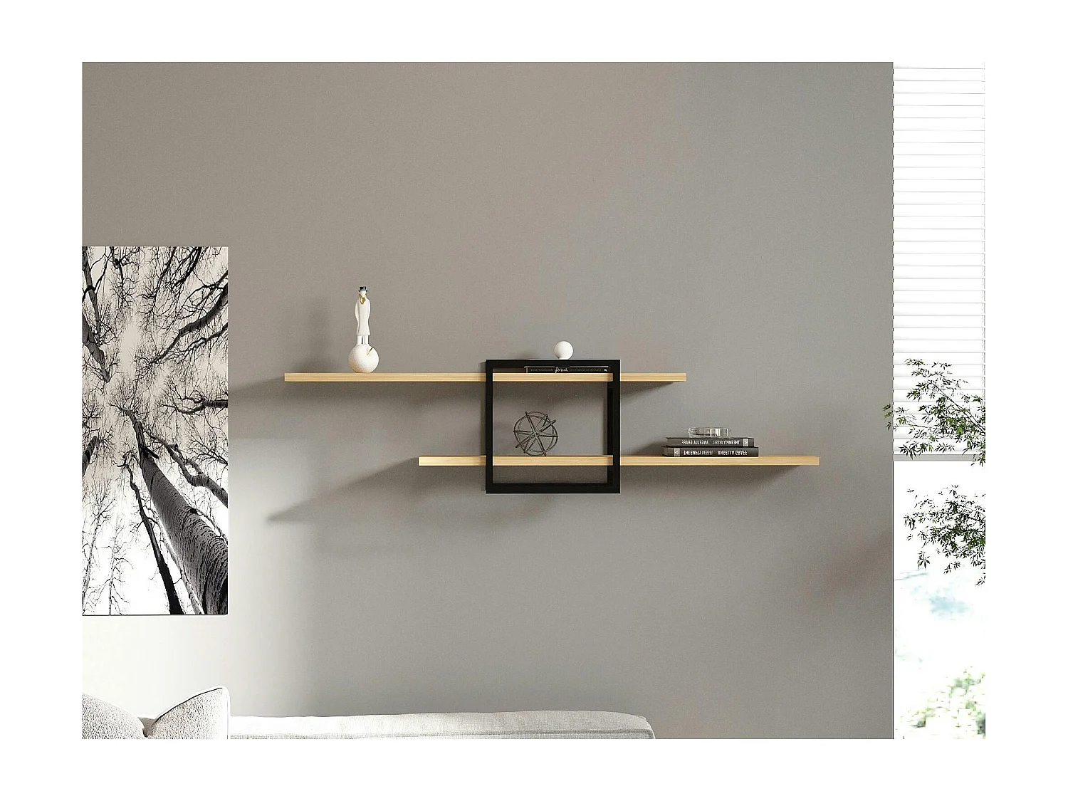 Étagère murale design effet bois clair - 1 cube, 2 plateaux JENA